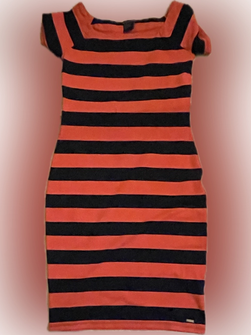 Armani Exchange Red and Black Striped Midi Bodycon Dress